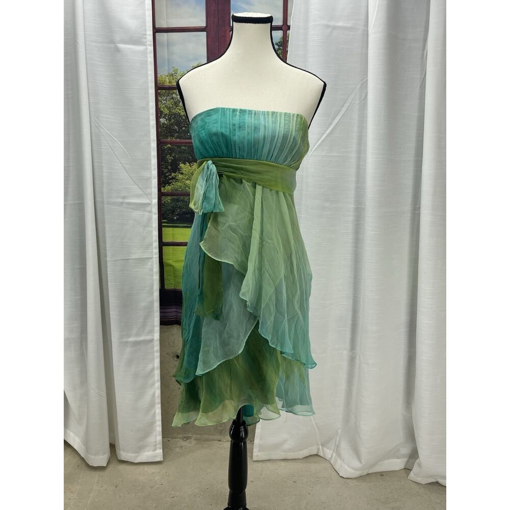 Vtg Y2K Fairycore ruffle Prom Silk Strapless Dress Sz 4 Ombré Chiffon asymmetric